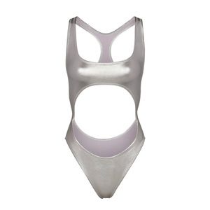 SKIMS METALLIC SWIM CUT-OUT MONOKINI NICKLE SILVER ONE PIECE SWIM
